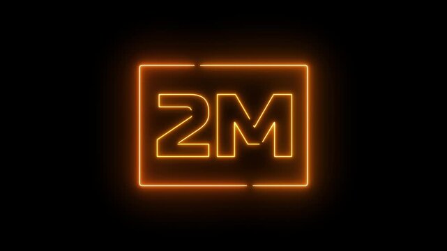 Neon a yellow design with the text "2M FOLLOWERS." The letters are stylized and illuminated, conveying a celebratory tone.Glowing neon text illuminating 2m in a rectangle against a black background.