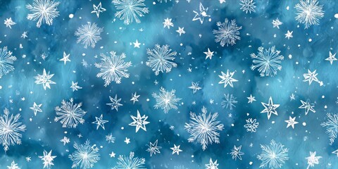 Intricate Snowflakes and Stars on a Deep Blue Watercolor Background Evoke a Winter Fantasy
