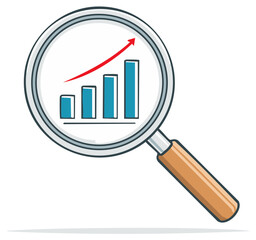 Magnifying glass with upward trend graph, business growth and financial success