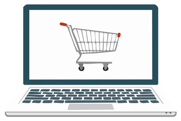 Open Laptop Displaying a Silver Shopping Cart Illustration for Online Purchase E-Commerce Retail