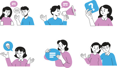 Six cartoon illustrations of people interacting