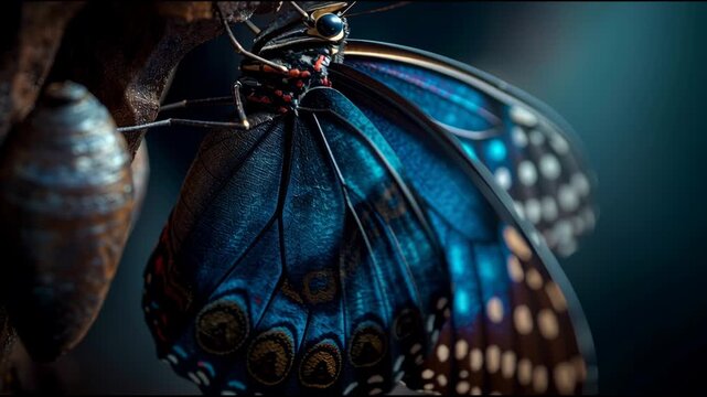 Emerging Beauty: A close-up shot reveals a newly emerged butterfly with striking blue wings, poised gracefully on its chrysalis, showcasing the wonder of metamorphosis.