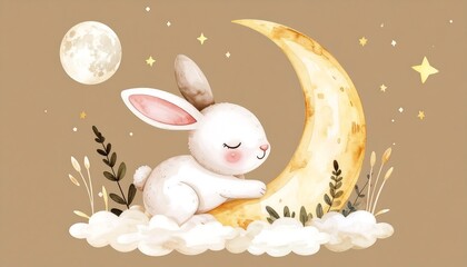 Cute bunny resting on crescent moon