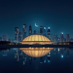 Fototapeta premium Illuminated dome with city skyline reflecting under crescent moonlight