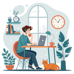 Vector art of a young woman working from home with her laptop, enjoying a cup of coffee, with a cat, plants, and a clock in the background in a cozy room