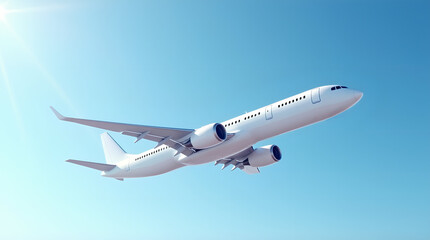 Obraz premium White airplane Passenger Aircraft Two Engine Airplane Corner View Low Angle Blue Sky