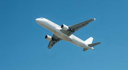 Fototapeta premium White airplane Commercial Airplane Passenger Jet Two Engine Corner View Low Angle Blue Sky