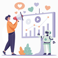Vector art of man with megaphone and robot promoting business growth with data analytics vector illustration in flat style