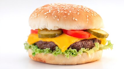 Juicy Beef Burger Topped with Melted Cheese, Grilled to a Golden Crisp—Every Bite Bursts with Rich, Savory Flavors, Boasting a Perfectly Seared Patty, Creamy Melted Cheese That Oozes With Each Bite