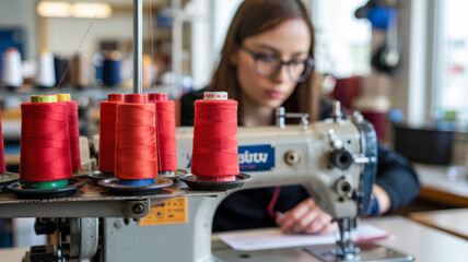 Focused seamstress using sewing machine with red thread spools, creating fashion in a workshop textile