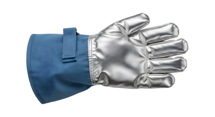 Heat resistant glove with silver coating isolated on transparent background, providing protection from high temperatures in industrial settings