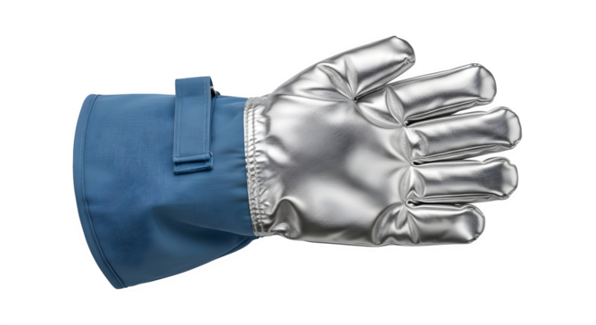 Heat resistant glove with silver coating isolated on transparent background, providing protection from high temperatures in industrial settings