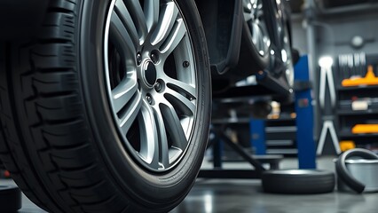 Fototapeta premium Automotive maintenance concept with tire service theme in a professional workshop.