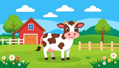 Cute cartoon cow in a farm scene