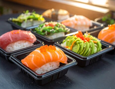 Assorted sushi pieces in takeout containers