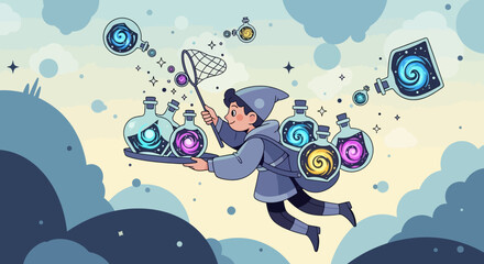 Young alchemist collecting magical glowing orbs with a net.