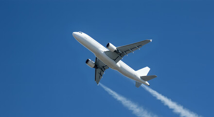 Obraz premium White Airplane Two Engine Corner View from Low Angle Against Blue Sky