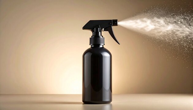 A black spray bottle—mist arcing left in dense vapor—rests in suspended motion. A metaphor for controlled dispersion and the choreography of invisible cleansing.