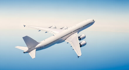 Obraz premium White Passenger Jet Plane Four Engine Corner Back View High Angle Flying Over Blue Sky