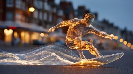 Fototapeta premium A realistic blurred photo of a coastal boardwalk at blue hour after sunset. In the foreground, a glowing neon line art of a kite surfer riding waves. The figure is outlined in thick glowing
