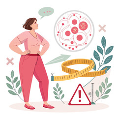 Vector art of a woman with diabetes stands with health indicators, emphasizing the importance of diabetes management, awareness, and the need for regular health checkups