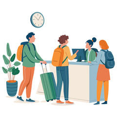 Vector art of happy tourists with luggage checking in at hotel reception cheerful travelers at the front desk of a modern hostel