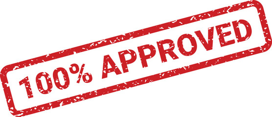 A red 100 percent approved stamp showcases a grunge texture and angled design