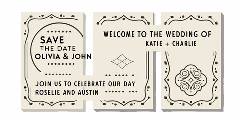 Elegant wedding invitation set featuring save the date and welcome messages with decorative borders and text