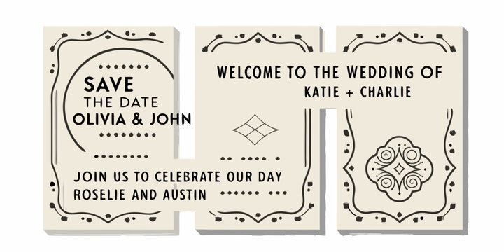 Elegant wedding invitation set featuring save the date and welcome messages with decorative borders and text