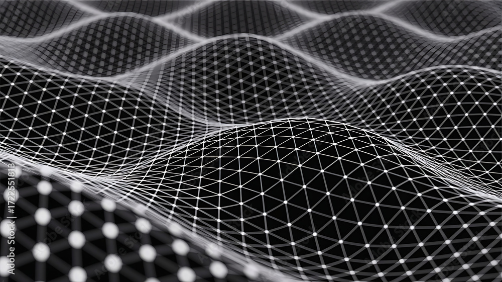 Poster abstract digital wave pattern created by interconnected dots and lines forming a futuristic geometri