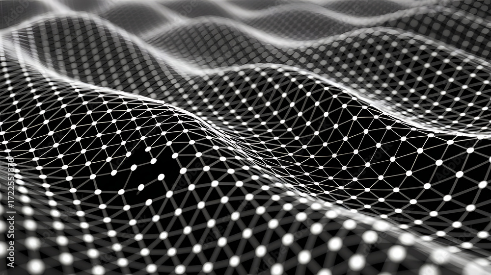Poster abstract digital network grid with glowing nodes forming a wavy surface in a dark futuristic backgro