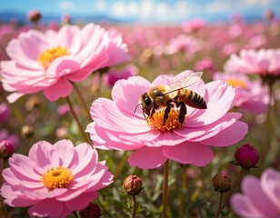 Honeybee on pink cosmos flower