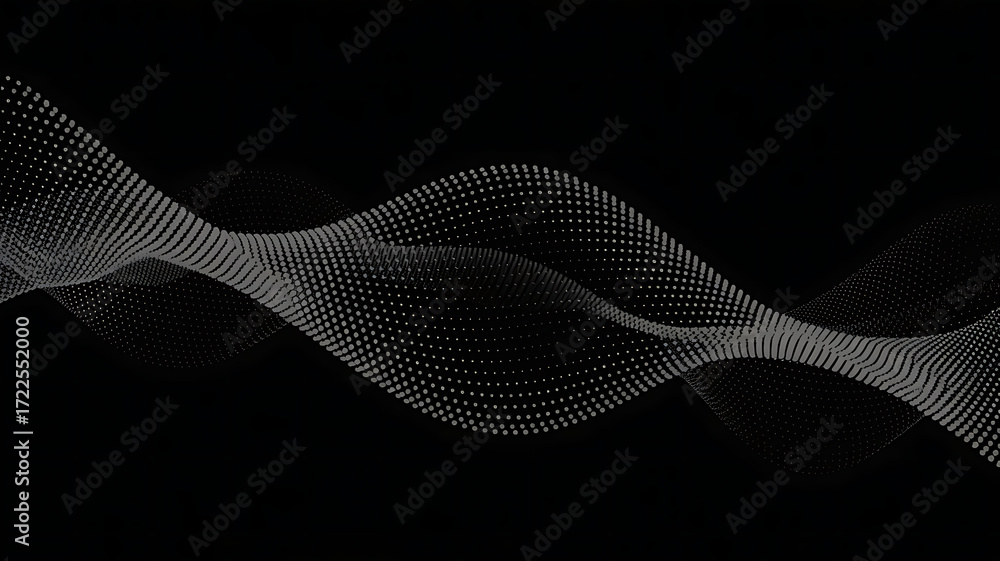 Poster abstract flowing digital wave pattern made of tiny white dots on a dark black background
