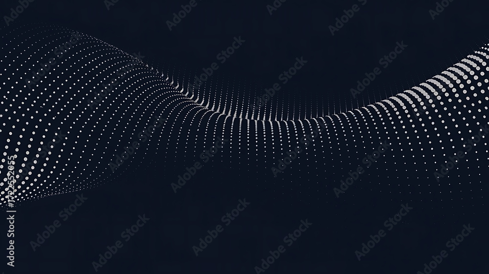 Poster abstract flowing wave of shimmering metallic particles against a dark background creating a futurist