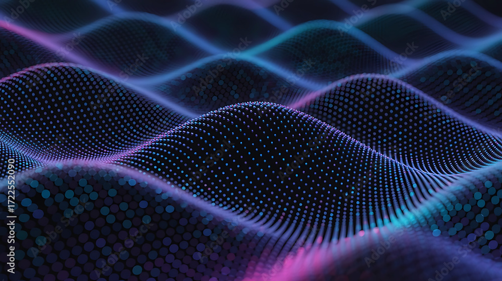 Poster abstract glowing digital waveform pattern with undulating hills and valleys in neon blue and purple 