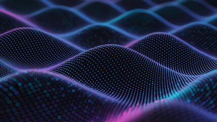Abstract glowing digital waveform pattern with undulating hills and valleys in neon blue and purple light