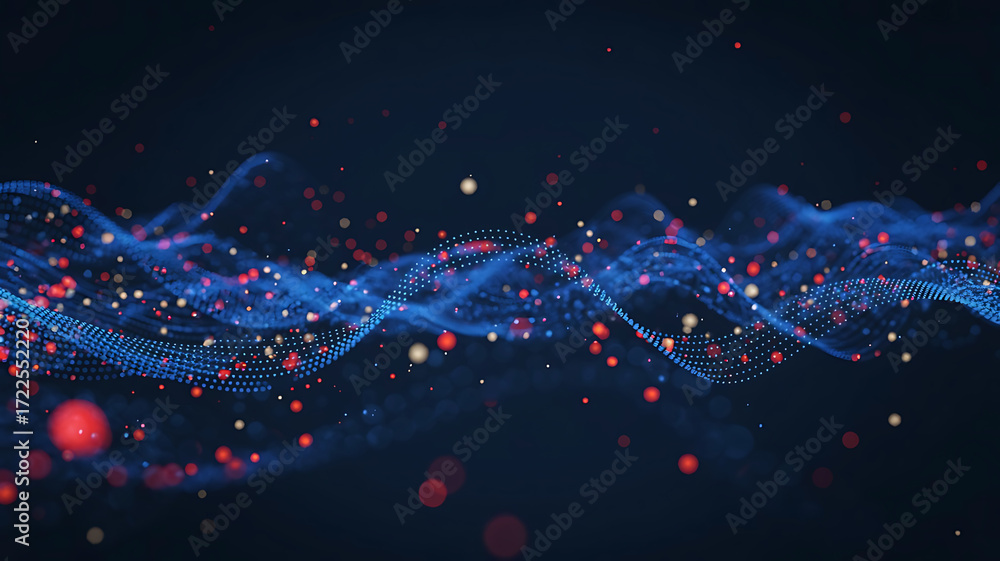 Poster abstract flowing wave of glowing blue and pink particles against a dark background representing data