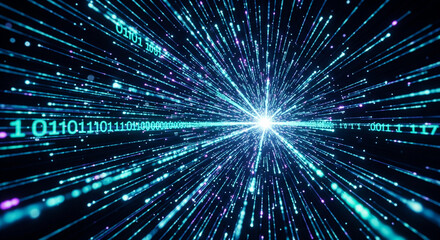 Fototapeta premium Dynamic digital data stream exploding with vibrant binary code and glowing particles