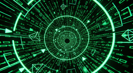 Immersive digital tunnel of glowing green binary code and geometric shapes speeding forward
