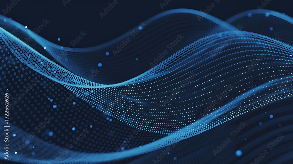 Poster abstract flowing blue digital wave pattern with glowing particles on a dark background representing 