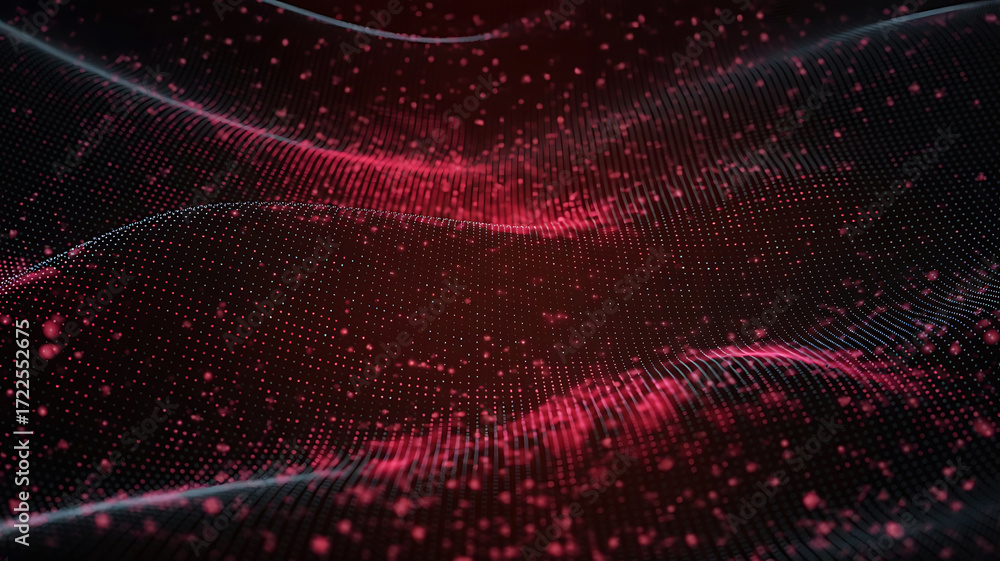 Poster abstract swirling red and pink particles and light trails creating a cosmic nebula or digital data f