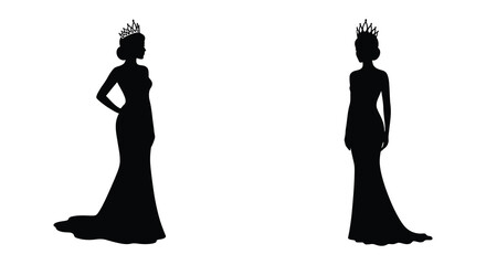 Elegant silhouettes of two women wearing gowns and tiaras side view © mst