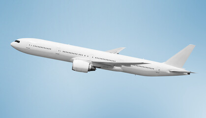 Obraz premium White airplane Passenger Jet Plane Two Engine Boeing 777 Side View Against Blue Sky