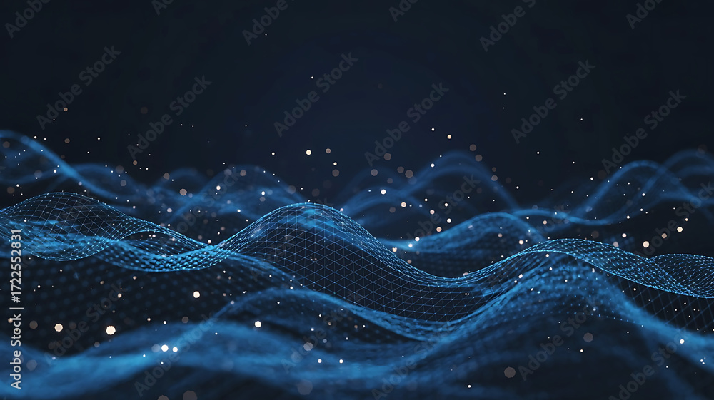 Poster abstract blue digital wave pattern with glowing particles representing data flow and technology