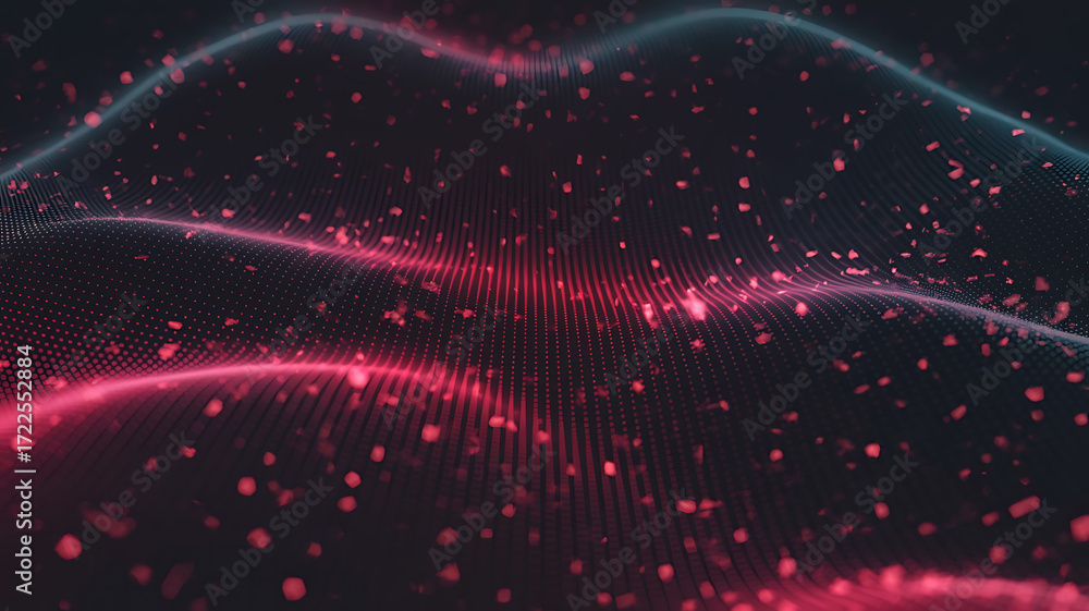 Poster abstract glowing neon sound wave patterns with scattered particles on a dark background