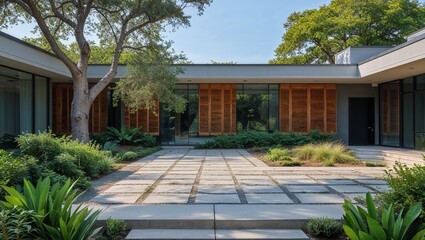 a modern architectural style exterior of a residential building. The layout features a spacious courtyard with a combination of stone and tile pathways, surrounded by lush greenery including various s