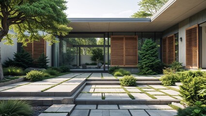 a modern architectural style exterior of a residential building. The layout features a spacious courtyard with a combination of stone and tile pathways, surrounded by lush greenery including various s
