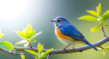 A beautiful blue and orange bird perched on a branch with green leaves in soft sunlight, showcasing its vibrant plumage