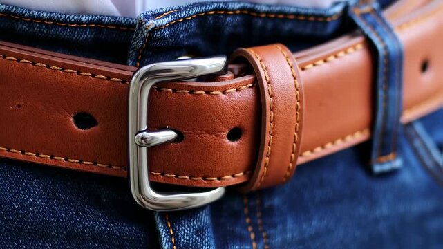 Close-up of a tan leather belt with a metal buckle