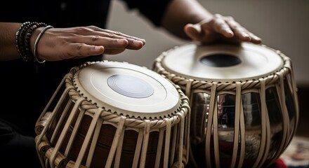 Closeup of a musicians hands playing the tabla, a pair of hand drums central to hindustani classical music
